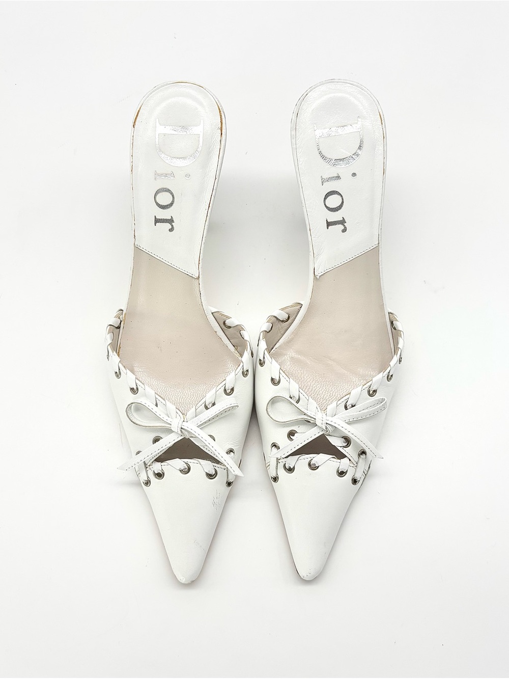Dior Vintage John Galliano Bow Grommet Embellished Pointed Toe Mules Pumps 37 - Picture 8 of 11